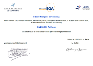 Certificat de coach praticien sénior de Anthony Guesnon