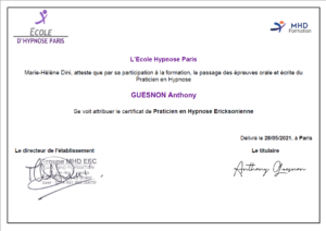 Certificat de praticien en hypnose Ericksonnienne de Anthony Guesnon